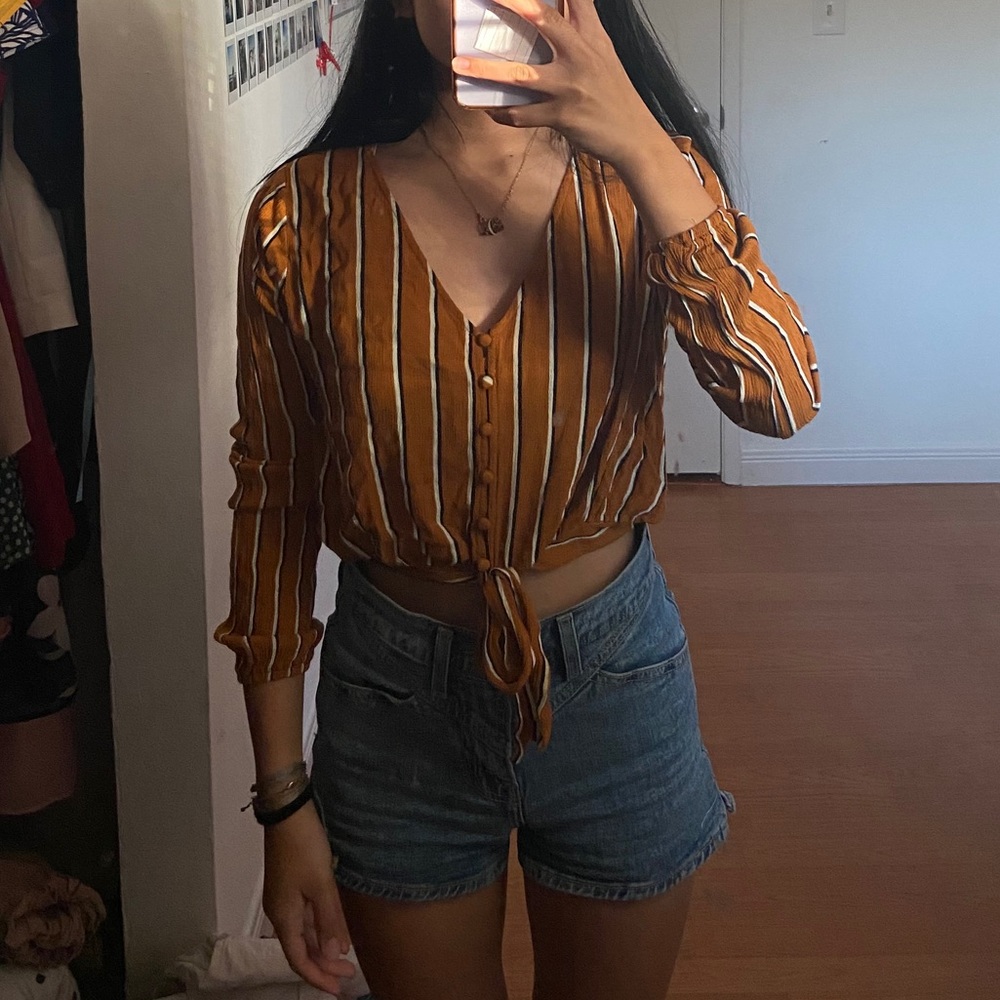 orange and white striped blouse